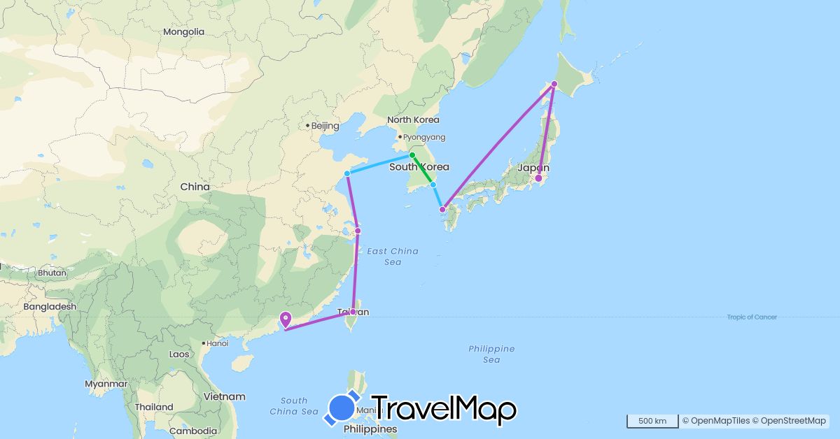 TravelMap itinerary: driving, bus, train, boat in China, Japan, South Korea, Taiwan (Asia)