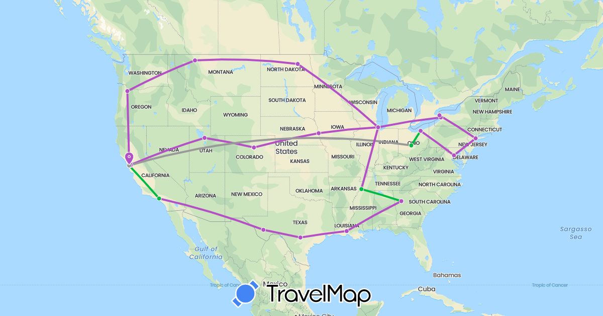 TravelMap itinerary: driving, bus, plane, train in Canada, United States (North America)